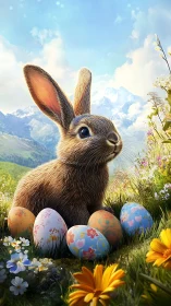 Cute brown rabbit sitting among colorful Easter eggs.