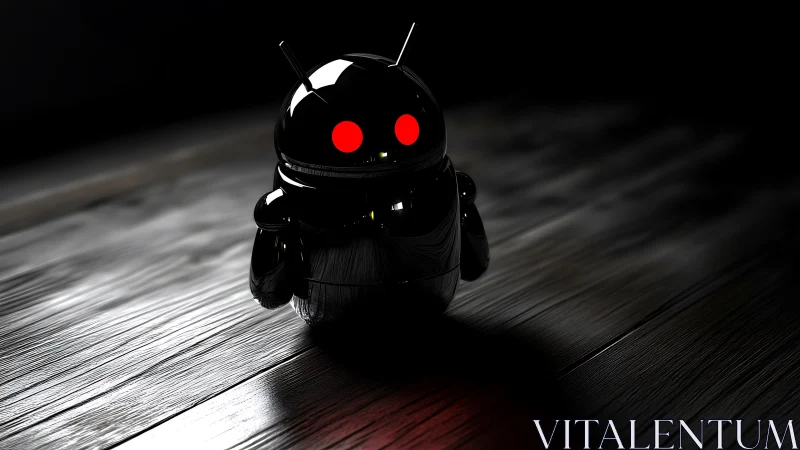 Glossy black robot figure stands on dim wooden surface