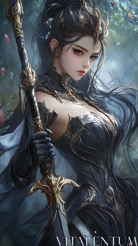 Fantasy warrior woman holds ornate sword in misty forest