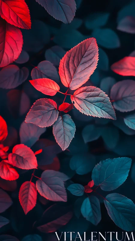 Bicolor foliage under cinematic teal and red lighting contrast.