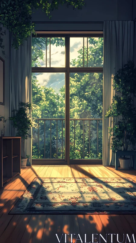 Sunlit balcony window cradles a tranquil indoor garden.