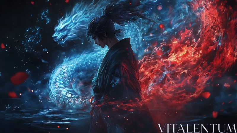 Warrior with elemental dragon and fire in dark balance.