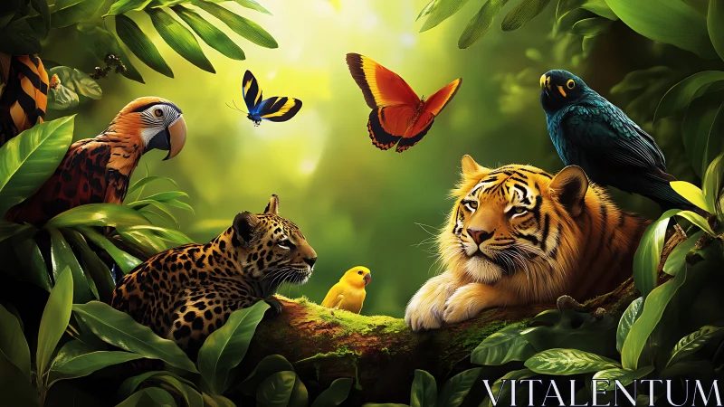 Jungle Wildlife Rendered With Tiger, Leopard, Parrot, and Butterflies