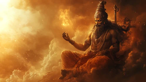 Seated mythic figure holds flame within dense clouded scene