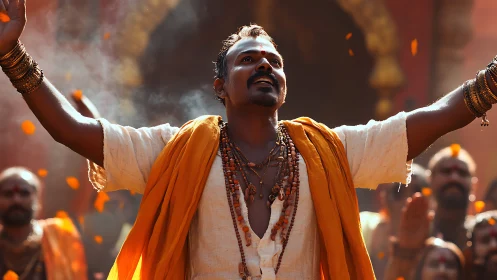 Devotee raises arms in joyful orange flower celebration.