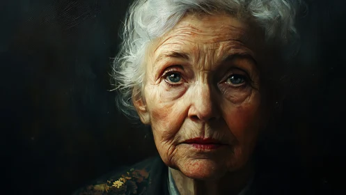 Oil portrait of elderly woman with chiaroscuro realism focus.