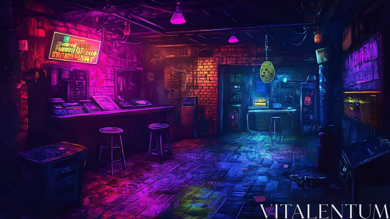 Neon-soaked hacker hideout glowing in rainbow shadows.