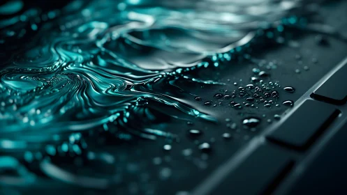 Close-up of Water Spilled on Keyboard in Futuristic Digital Style.