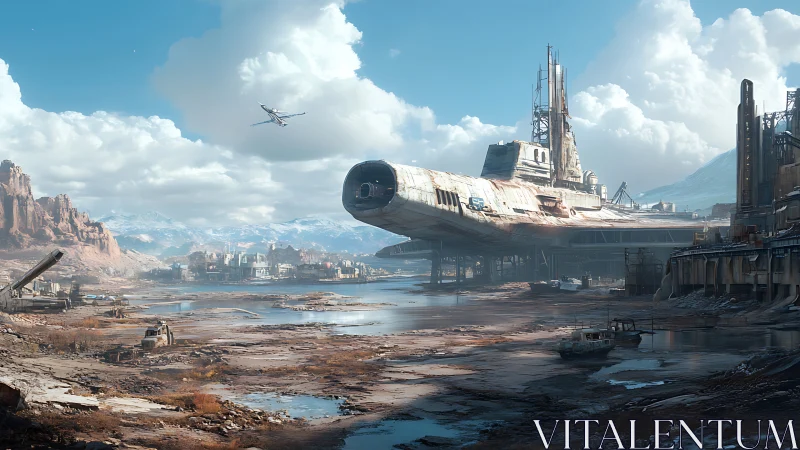 Sunlit starship scrapyard resting under wide open skies.