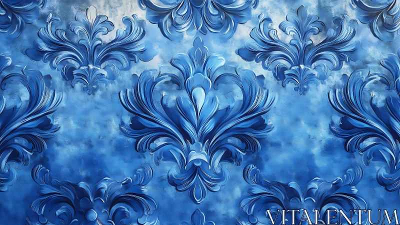 Elegant Baroque Floral Pattern in Blue, Digital Art Style.