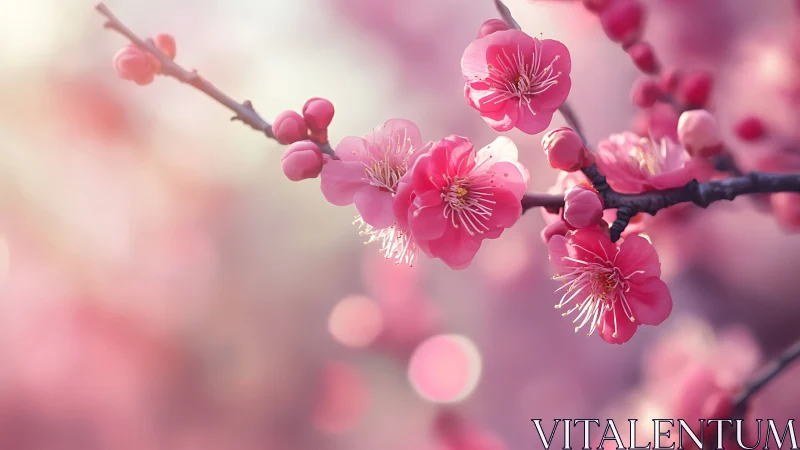 Pink Cherry Blossoms Blooming on Branch in Sunlight.