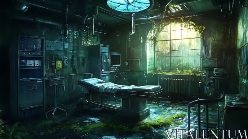 Derelict surgical theater with invasive vegetation and decayed apparatus