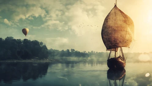 Sailboat crosses misty river beside distant hot air balloon