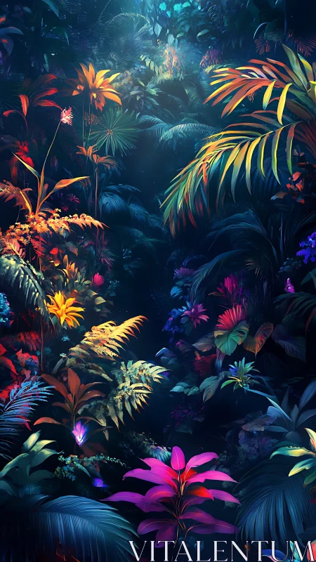 Midnight jungle garden glowing with secret neon color.