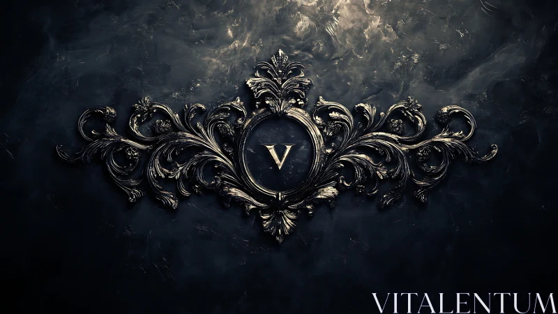 3D baroque emblem with metallic monogram centerpiece design.