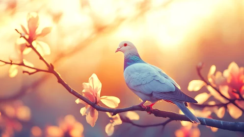 Peaceful dove perched on flowering branch at golden sunset, soft focus.