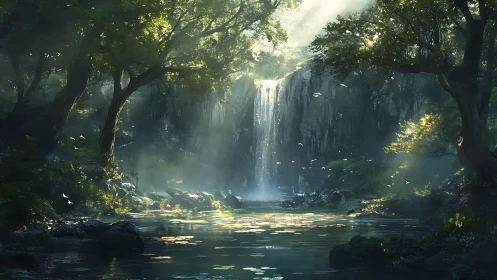 Cascading Waterfall Forest Hidden Deep Wilderness.