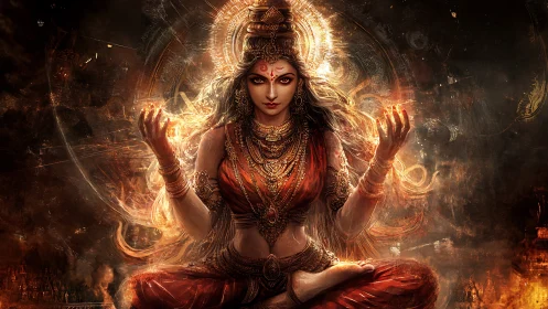 Fiery goddess meditating in swirling cosmic flames.