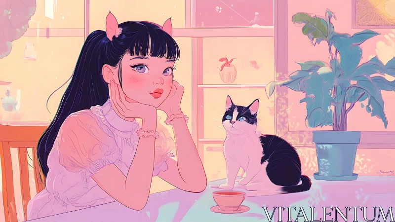 Cat-eared girl daydreams beside cat in pastel kitchen.