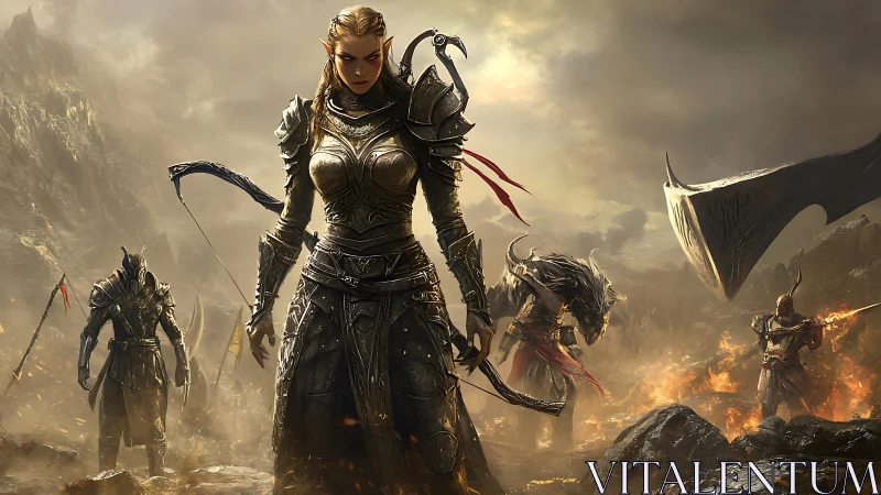 Armored elf commander leads fantasy warriors through firelit war