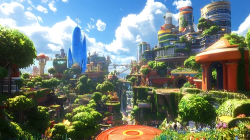 Vibrant eco-futuristic cityscape with lush vertical gardens.
