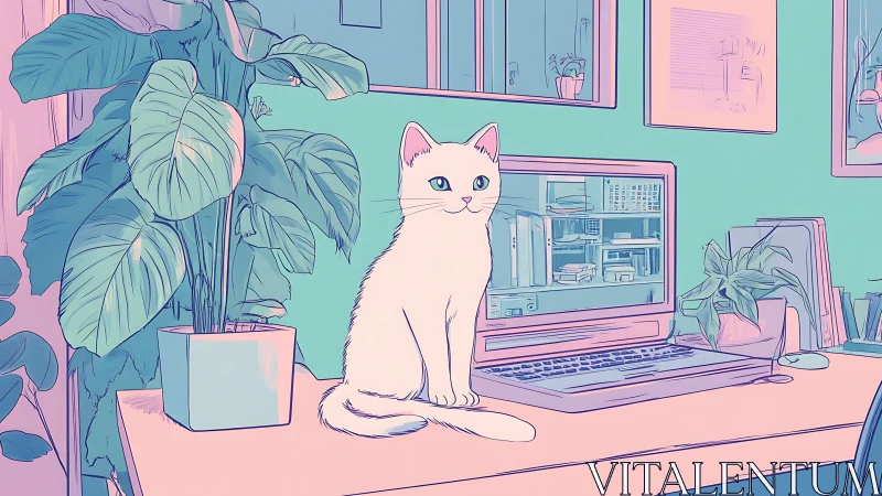 Solitary Felid Positioned Within Digitally-Rendered Contemporary Workspace Environment.