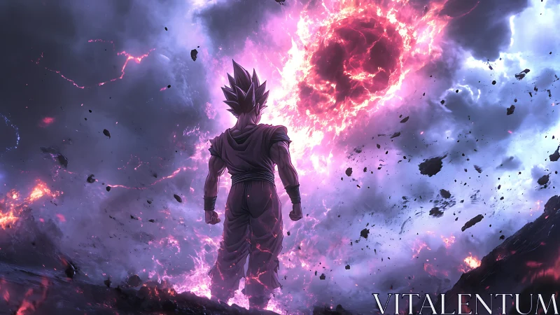 Cosmic warrior defies a blazing voidstorm in shattered sky.