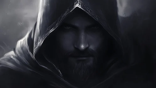 Hooded bearded man stares forward in dark monochrome portrait