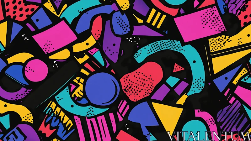 Geometric confetti stampedes across a neon midnight playground