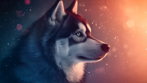 Profile study of husky under dual color lighting effects.