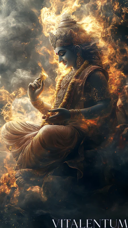 Divine blue deity seated in flames radiates serene power
