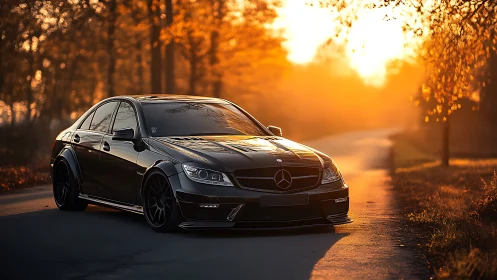 Midnight-black Mercedes hunts dusk along a golden lane.
