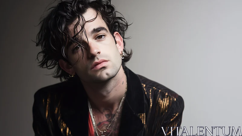Moody portrait captures tousled hair and metallic jacket style.