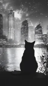 Silhouetted Feline Vigil: Urban Nocturne Over Metropolitan Waterfront.
