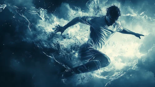 Dynamic soccer player bursting through abstract energy storm.