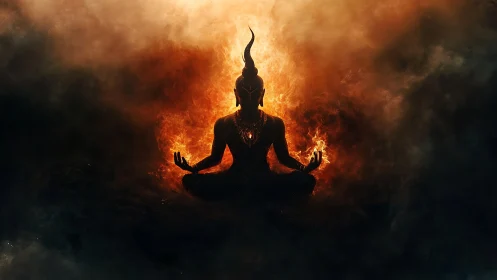 Silhouetted fiery deity figure sits meditating in flames