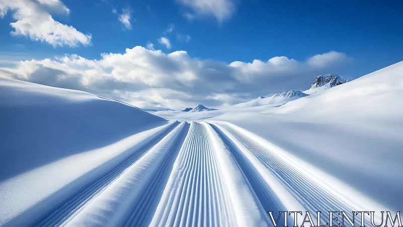 Alpine ski run pathway receding through snow-covered valley terrain.