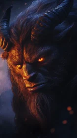 Horned fire-eyed beast emerges from shadowy ember haze