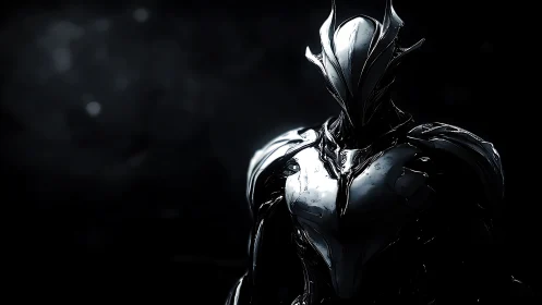 Specular chrome warframe in low key cinematic isolation.