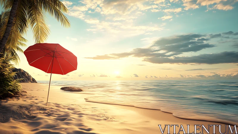 Red umbrella on quiet tropical beach at sunset.