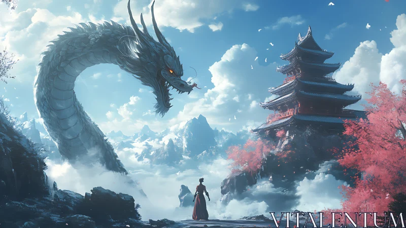 Warrior confronts colossal sky dragon beside mountain temple