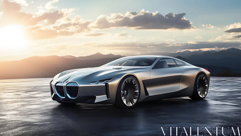 Silver concept coupe is parked on wet asphalt at sunset