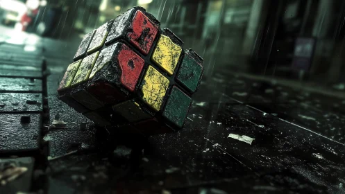 Weathered Rubik’s cube rests on a rainy city street.