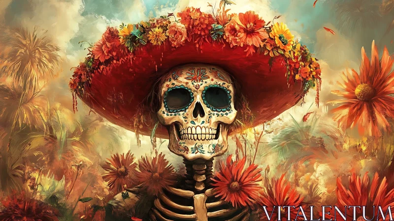 Skeleton with floral hat in stylized autumn landscape.
