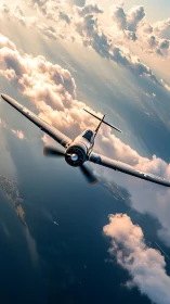 Propeller aircraft maintains banked flight above cloud layer