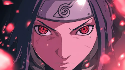 Intense shinobi portrait with glowing crimson eyes focus.