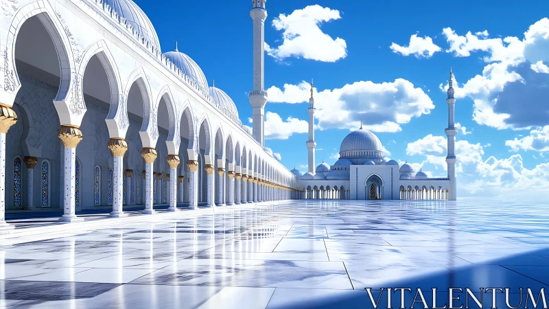 White marble mosque courtyard under clear blue sky.