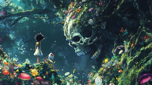 Girl confronts colossal skull in luminous enchanted forest.