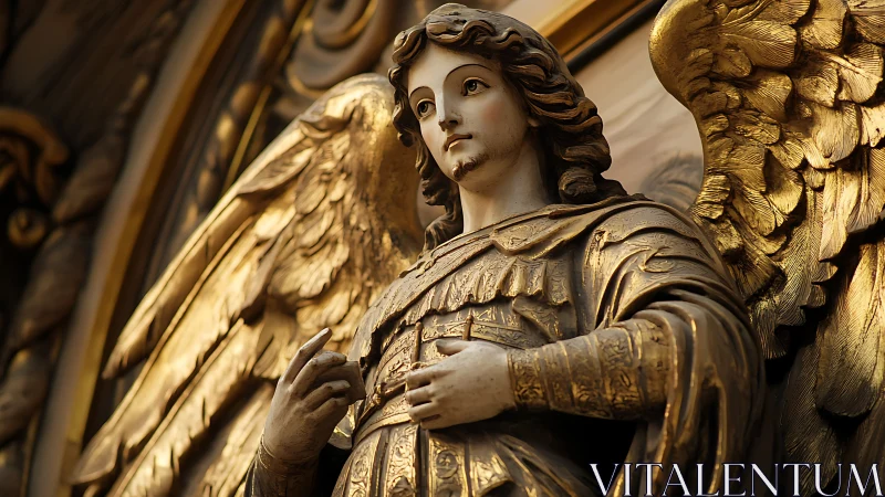 Carved angelic figure in ornate gilded sculptural relief