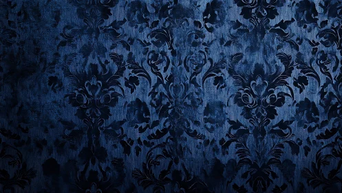 Ornate blue damask wallpaper shows dense symmetrical floral pattern